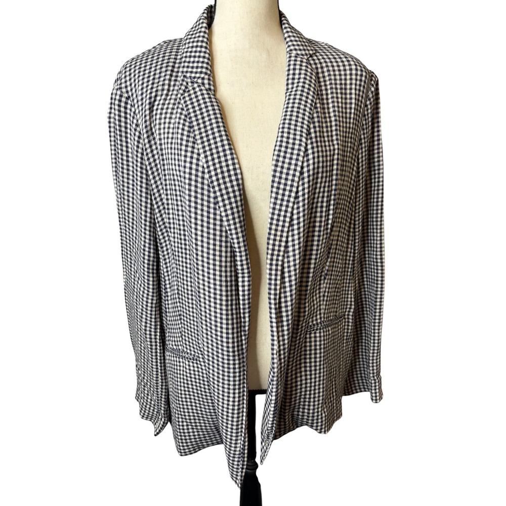 Gingham Check Open Front Blazer Navy Blue White Cotton XL Lightweight Jacket